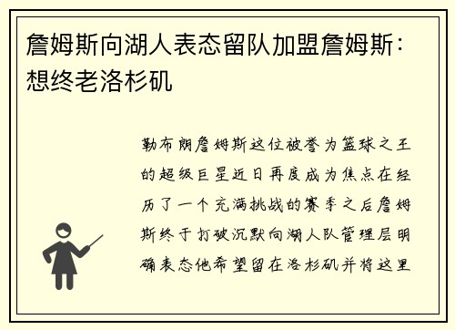 詹姆斯向湖人表态留队加盟詹姆斯：想终老洛杉矶